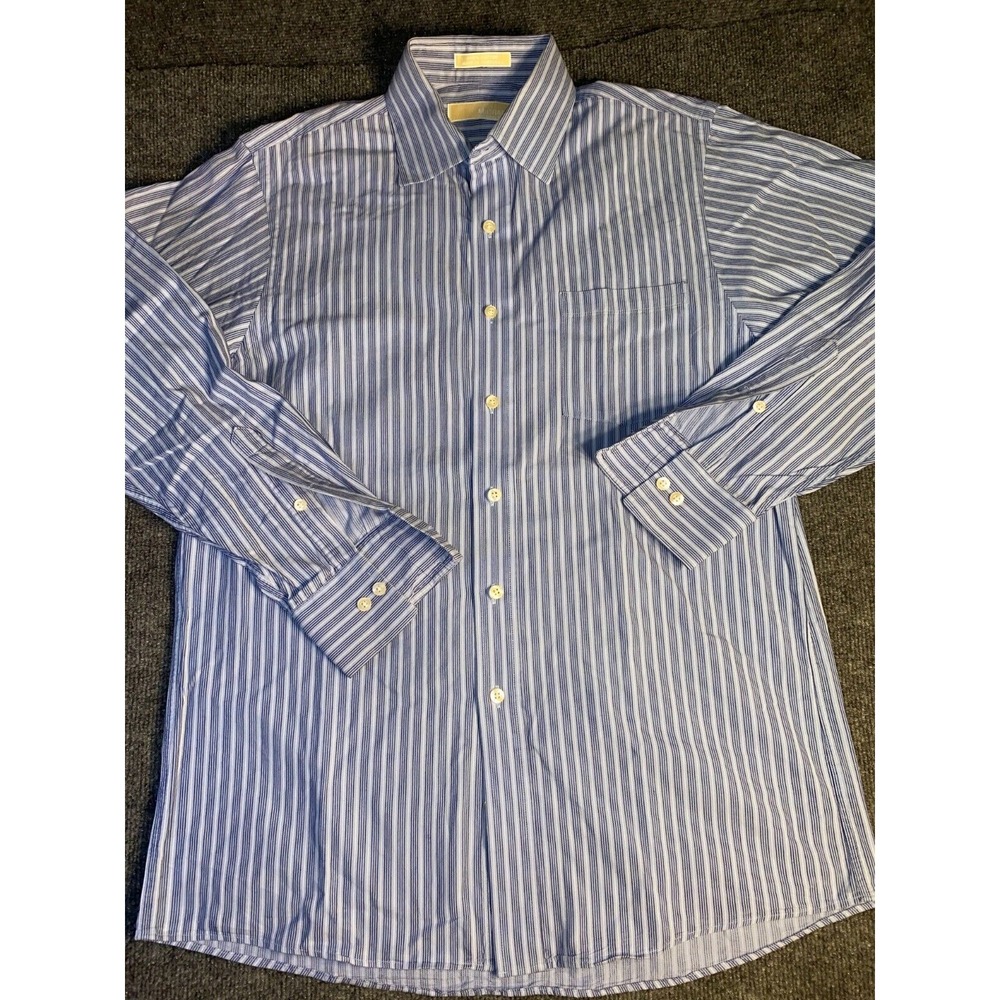 Michael Kors Dress Shirt Mens Medium Blue Striped Midweight Pocket Button‎ Down